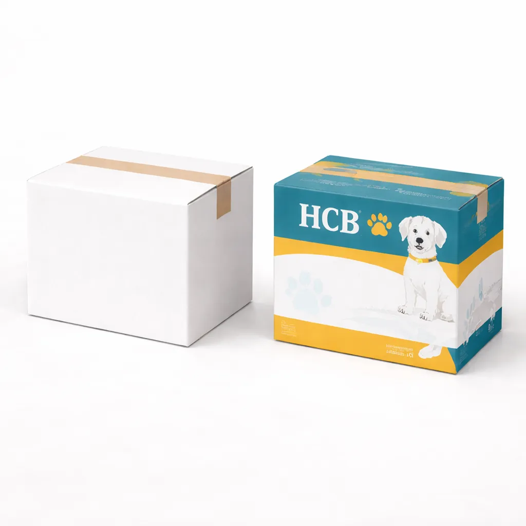 Two square shipping cartons, one plain white and one printed with a sitting dog and teal accents. class=